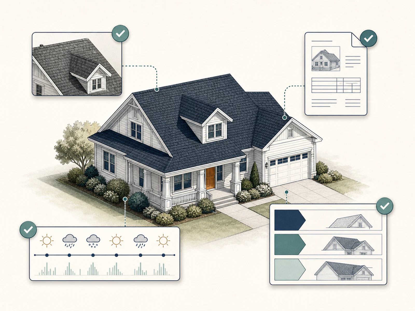 Architectural illustration of a home connected to roof imagery, property records, weather history, and a now-next-later plan.
