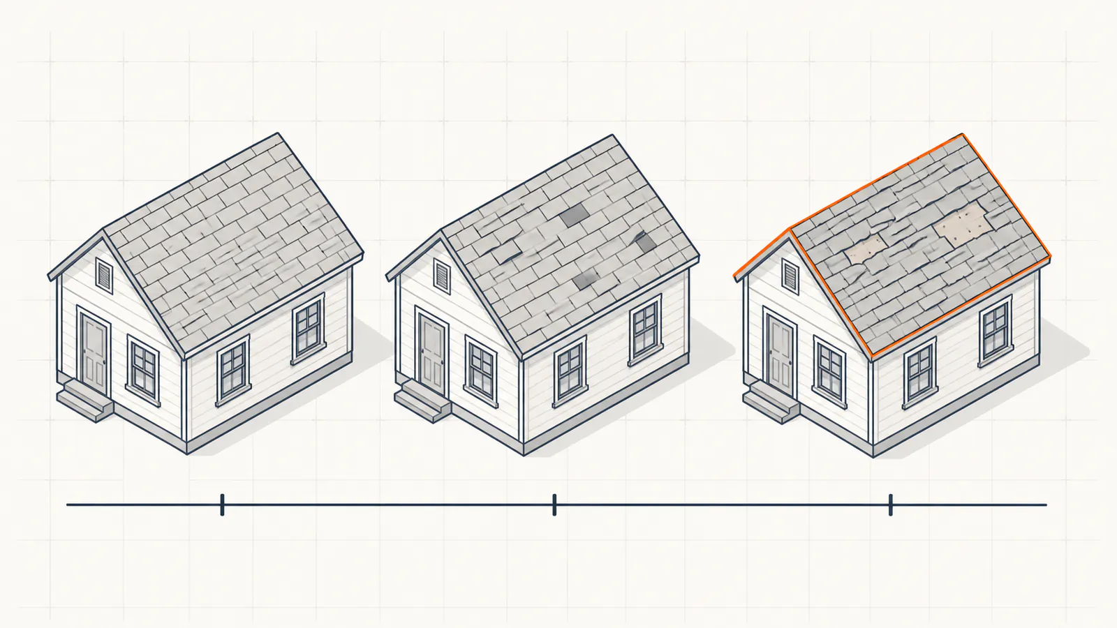 The same roof shown new, mid-life, and worn — how asphalt roofs age over time.