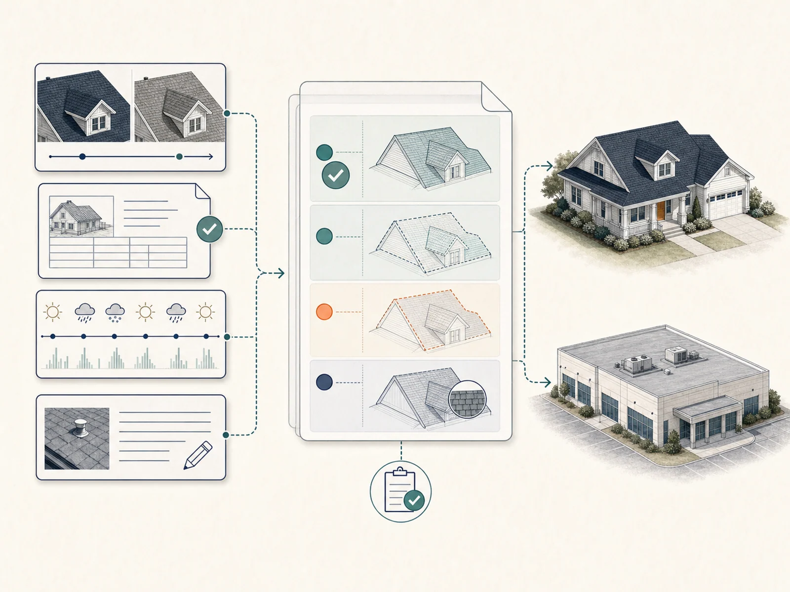 Roof imagery, property records, weather history, and field notes flowing into a reviewable evidence report for residential and commercial roofs.