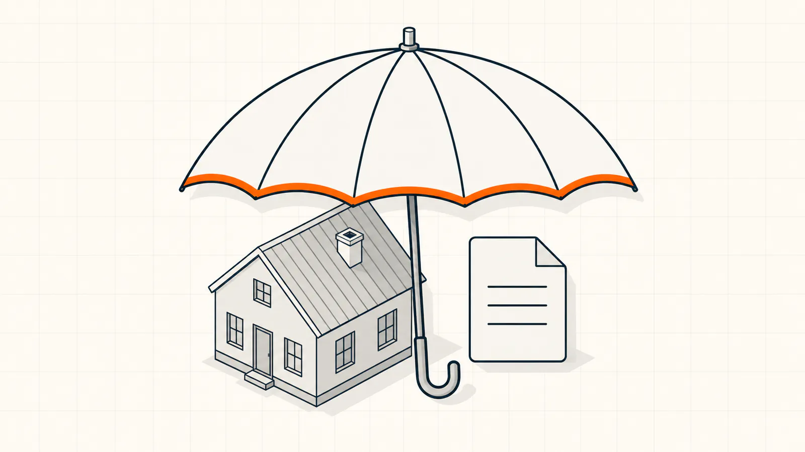A house sheltered under an umbrella beside a policy document — roof age and home insurance.