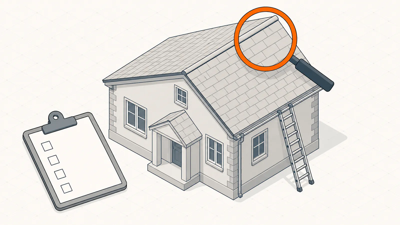 House with a ladder at the gutter and a magnifying glass over the roof — what a roof inspection covers.