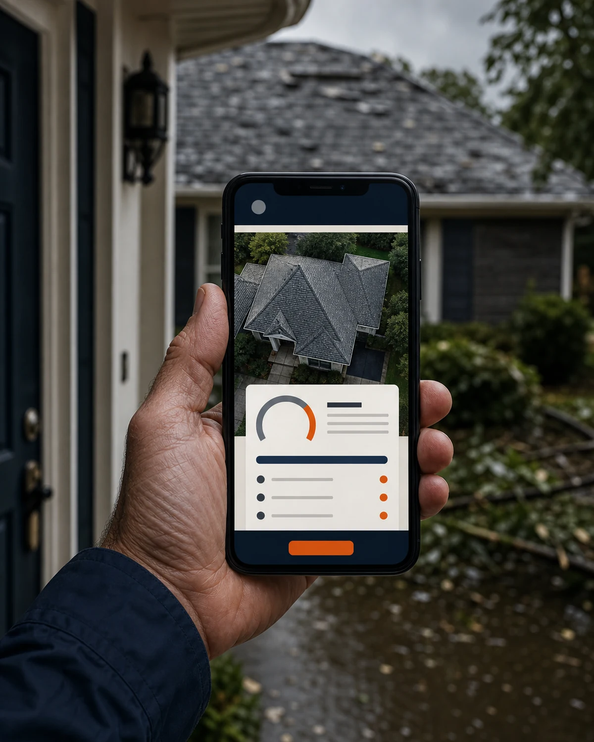 A roofing rep holding a phone showing a branded roof report at a homeowner's front door